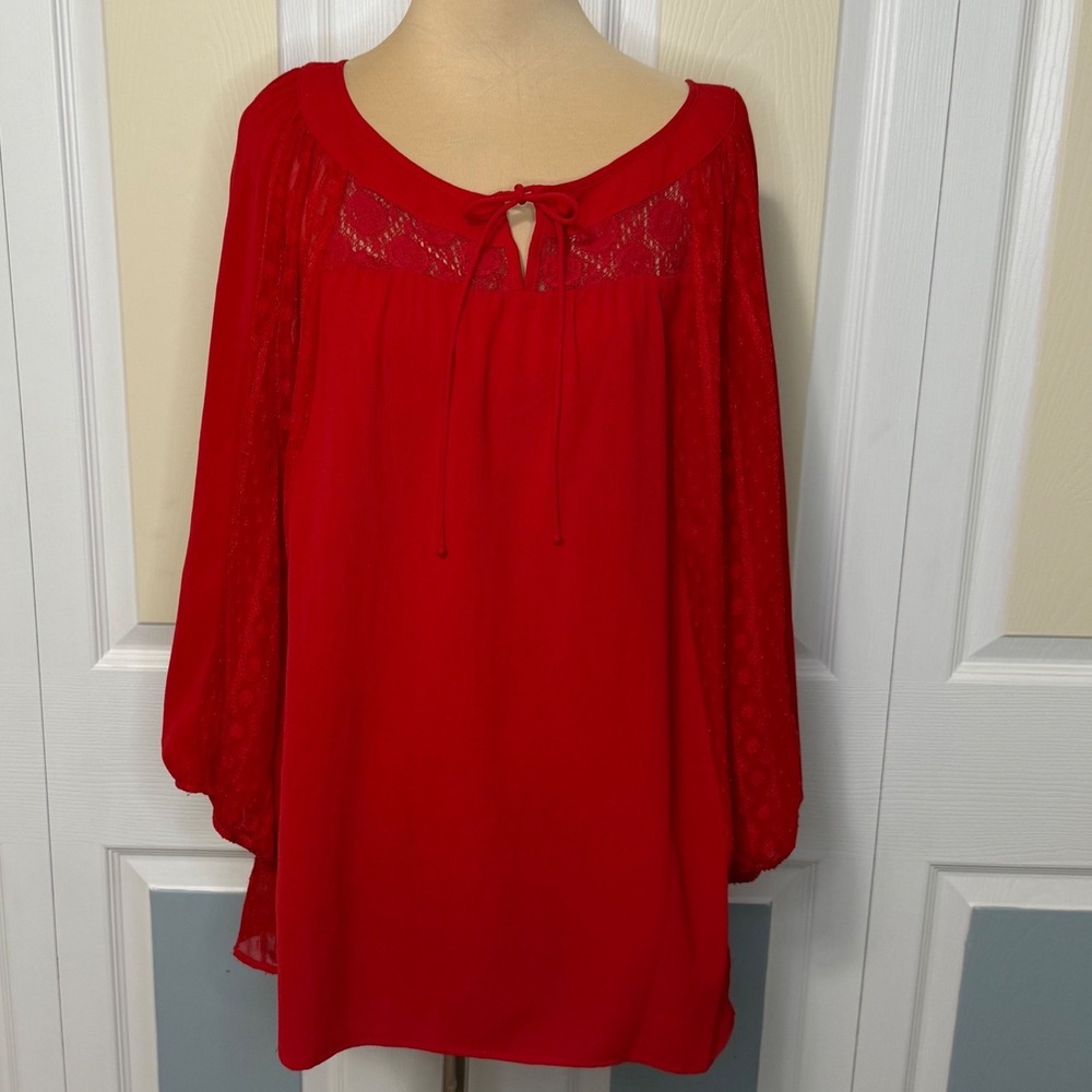 FIGUEROA‎ & FLOWER Anthropologie Red Lace Sleeve Tunic Blouse Top Plus Size 3X